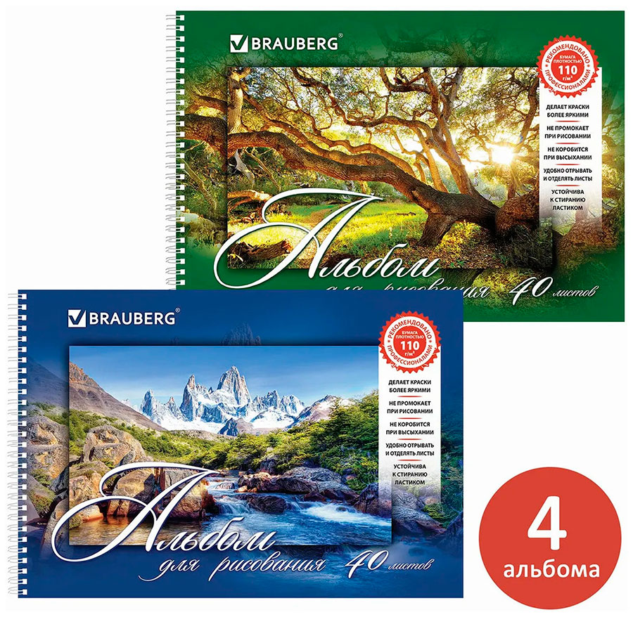Изображение товара Альбом для рисования Brauberg Природа 2 вида, КОМПЛЕКТ 4шт, гребень, обл. картон, 205х290мм, А4 40л (880035)
