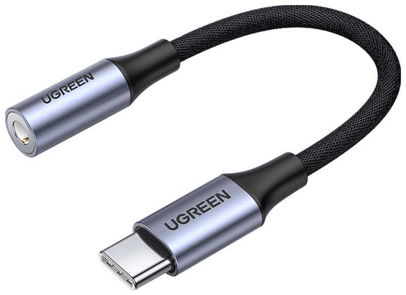 Изображение товара Аудиоадаптер Ugreen USB C - AUX Jack 3.5 мм (f) с чипом DAC (ЦАП), в оплетке, цвет серый космос, 10 см (80154)