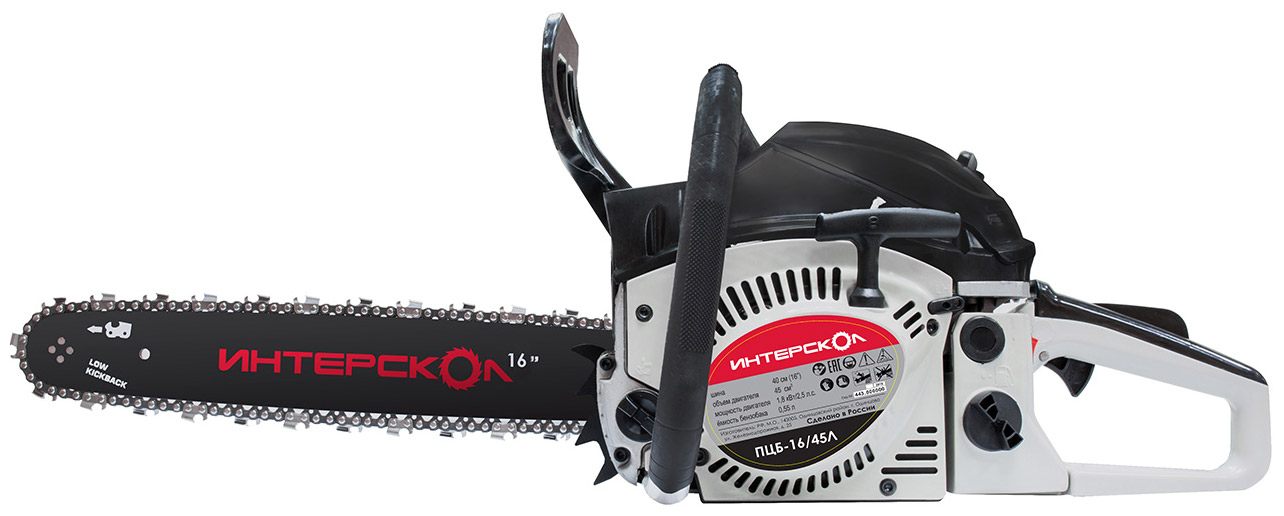 Изображение товара Бензопила Интерскол ПЦБ-16/45Л 1.8Вт мощная и надежная для работы в саду и строительстве