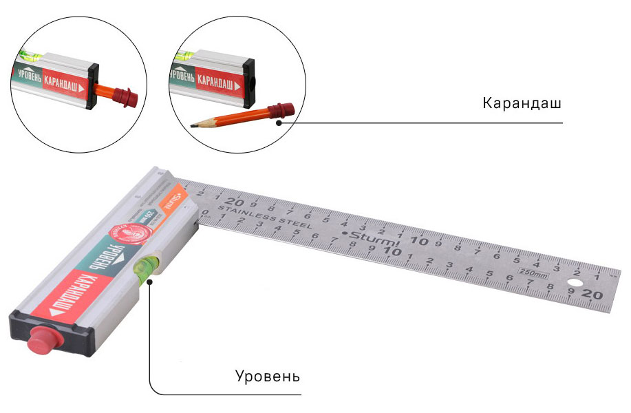 Изображение товара Угольник Sturm! 2020-06-250, со встроенными уровнем и карандашом, 250 мм