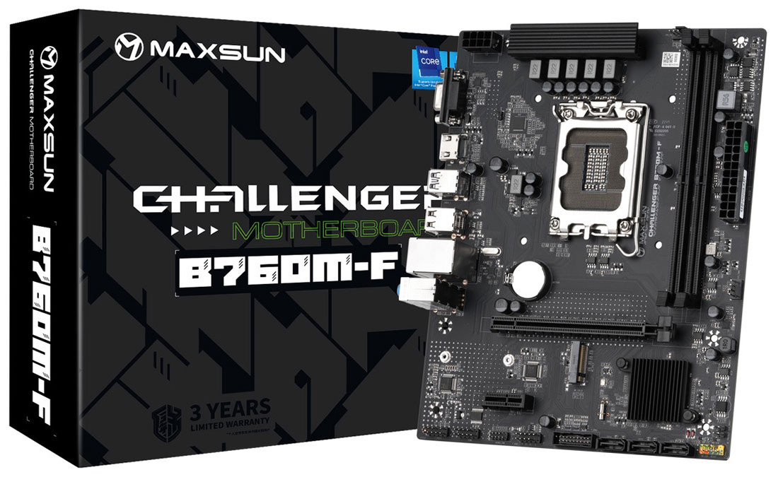Изображение товара Материнская плата Maxsun CHALLENGER B760M-F (LGA1700, mATX) Изображение товара Материнская плата Maxsun CHALLENGER B760M-F (LGA1700, mATX)
