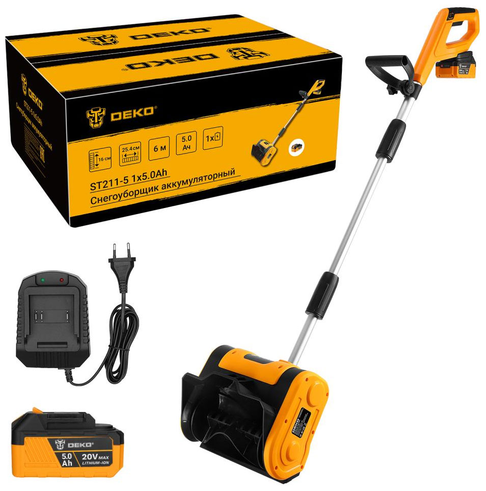 

Снегоуборочная машина Deko ST211-5, 20В 1*5.0Ач, желтый/черный