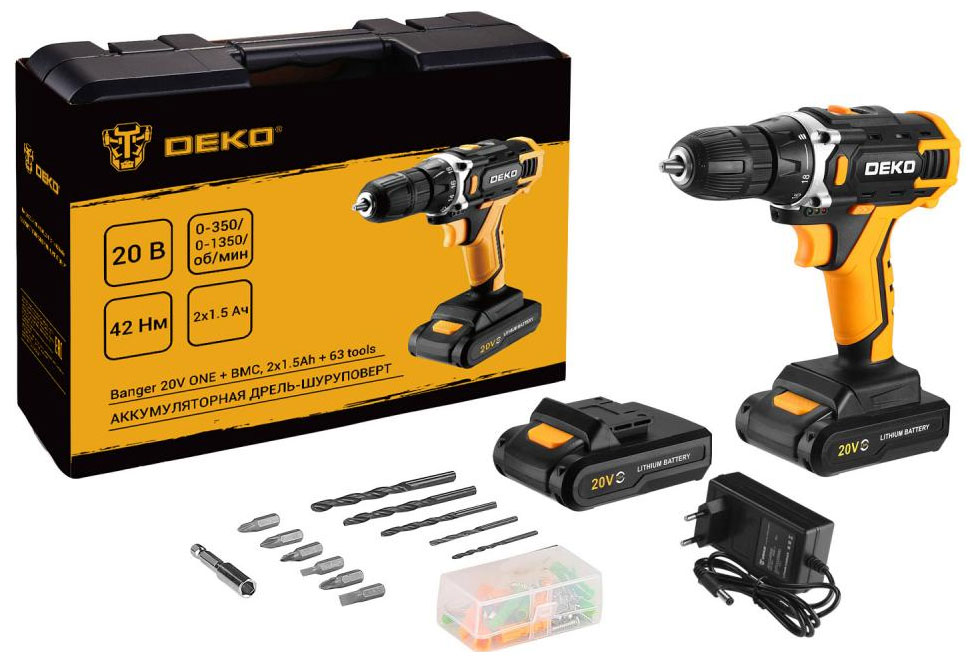 Изображение товара Дрель-шуруповерт Deko Banger 20V ONE + в кейсе + набор 63 инструмента для дома, 20В, 2х1.5Ач, черно-желтый