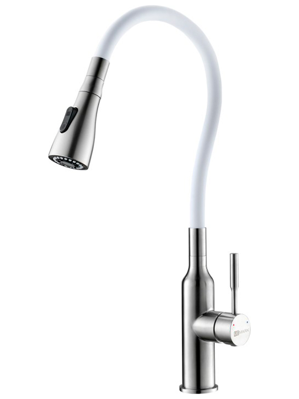 Изображение товара Кухонный смеситель Lemark с гибким изливом, нерж. сталь/белый (LM5082S-White)