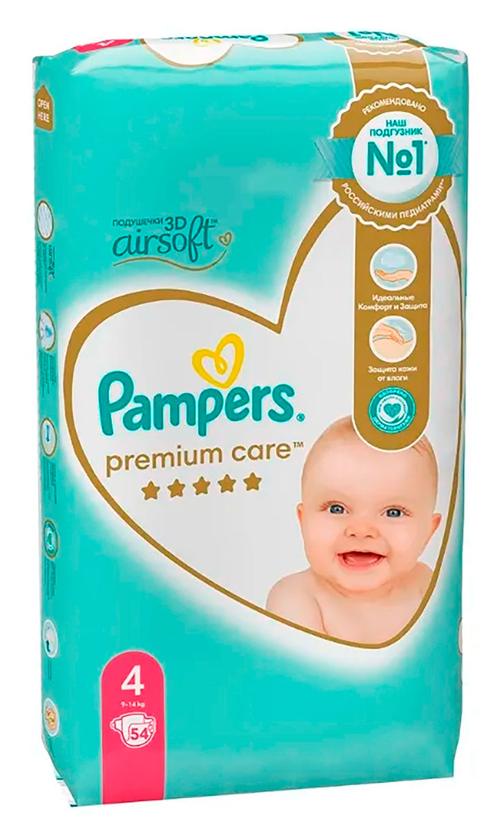 Изображение товара Подгузники Pampers Premium Care Maxi (9-14кг) джайнт упаковка 54 шт