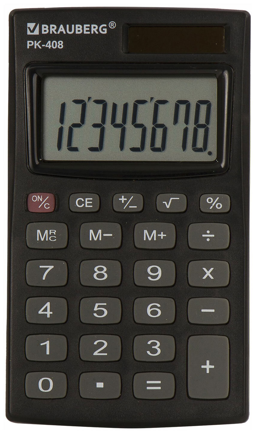 Изображение товара Карманный калькулятор Brauberg PK-408-BK с солнечной батареей и дисплеем