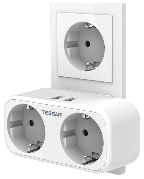 Розетка-адаптер Tessan TS-321-DE White сетевой фильтр tessan ts 304 grey 8 евророзеток 220в и 3 usb и кн питания 3600вт до 16а кабель 2м 80001876