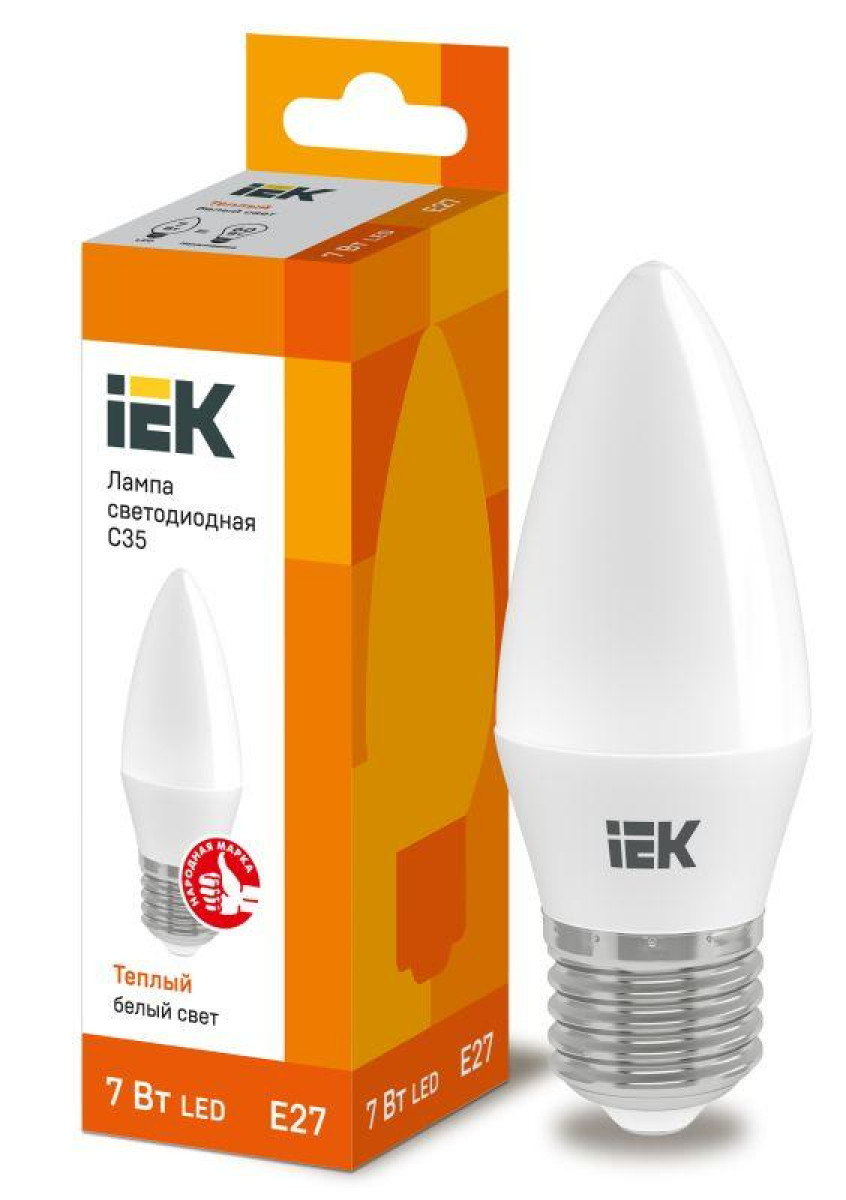 Изображение товара Лампа светодиодная IEK ECO, C35, 7 Вт, свеча, 3000К, E27, 230 В