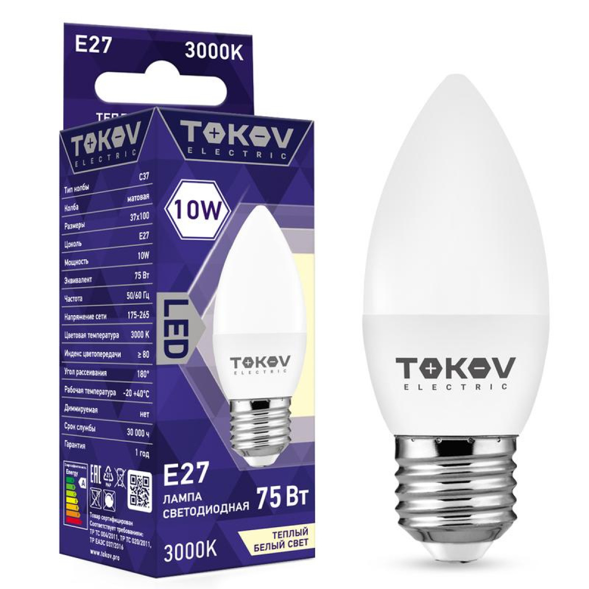 Изображение товара Светодиодная лампа Tokov Electric 10 Вт Ц37 свеча Е27 3000K