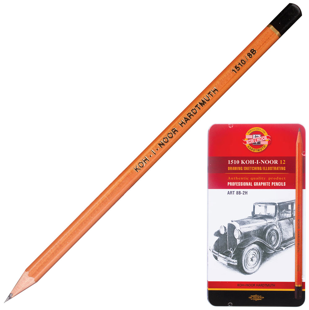 Изображение товара Карандаши чернографитные Koh-I-Noor Art, набор 12 шт., 8В-2H, без резинки, металлическая коробка (1512N12001PL)