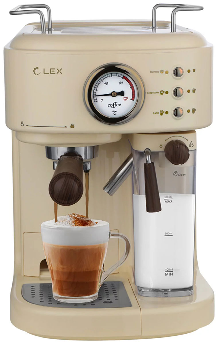 Кофеварка рожковая LEX LXCM 3504-1 с каппучинатором и контейнером для молока, бежевая рожок ms 622248 кофеварки krups