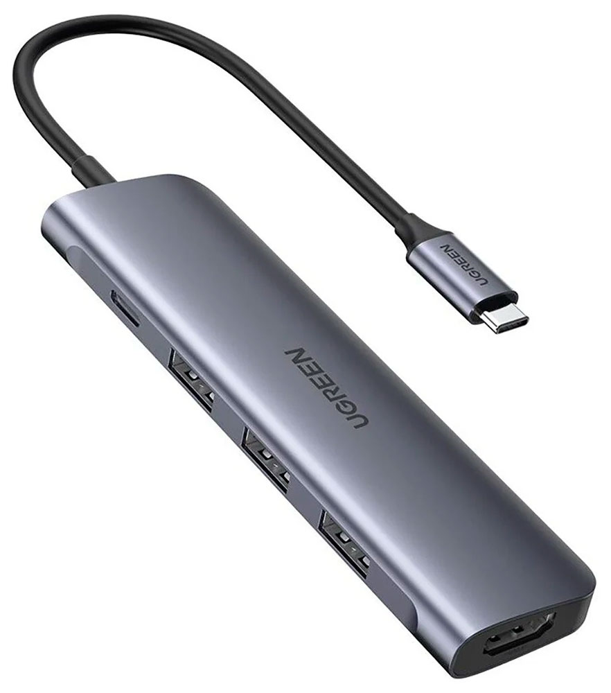 USB-концентратор 5 в 1 (хаб) Ugreen 3 х USB 3.0, HDMI, PD (50209) hd 4k usb c удлинитель 100 вт pd 5a правый угол изгиб 90 градусов gen 2 usb 3 1 type c удлинитель для ноутбука macbook samsung