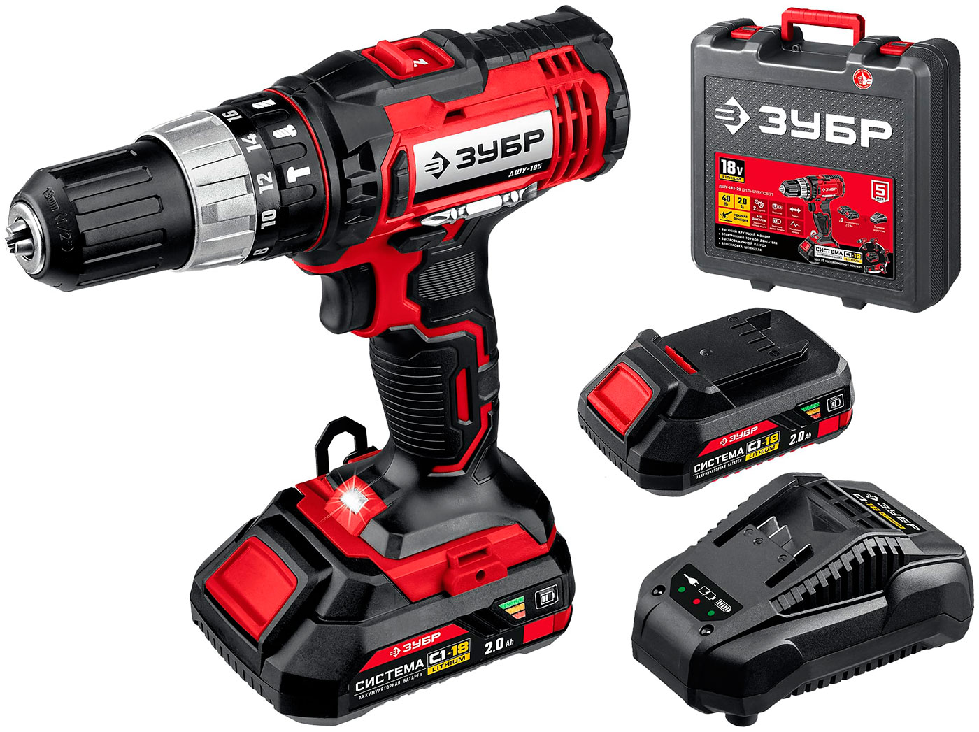 Изображение товара Дрель-шуруповерт Зубр 18 В с 2 аккумуляторами и кейсом, ударный, 2 скорости