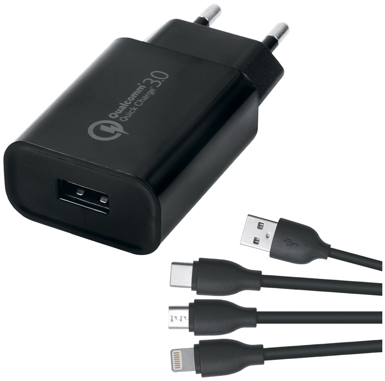 Сетевое зарядное устройство Red Line Tech, USB QC 3.0, модель NQC1-3A, + кабель 3в1, USB – microUSB + Lightning + Type-C, 2A, черный (УТ000032803) Сетевое зарядное устройство Red Line Tech, USB QC 3.0, модель NQC1-3A, + кабель 3в1, USB – microUSB + Lightning + Type-C, 2A, черный (УТ000032803)