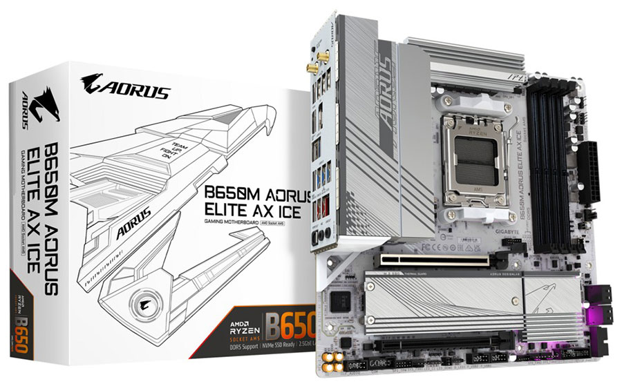 

Материнская плата Gigabyte B650M AORUS ELITE AX ICE (AM5 mATX), Серый
