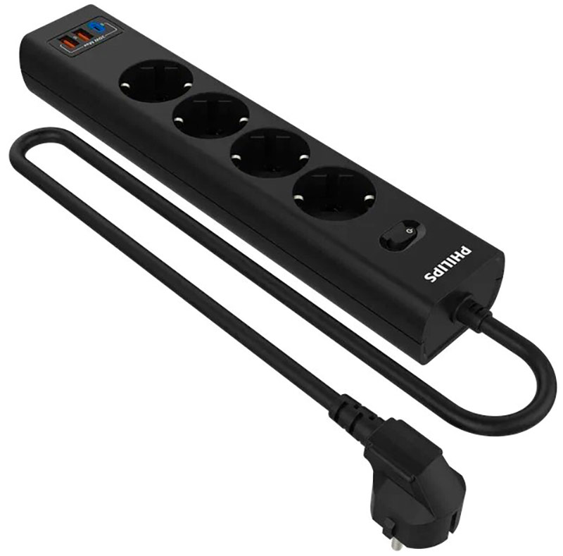 Изображение товара Сетевой фильтр Philips 4 розетки с USB (PD/QC3.0 5/9/12В) 20 Вт, кабель - 2 м черный