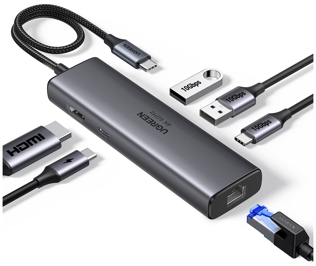 Изображение товара USB-C хаб Ugreen CM512 HDMI 4K, USB 3.2, RJ45, PD, серый