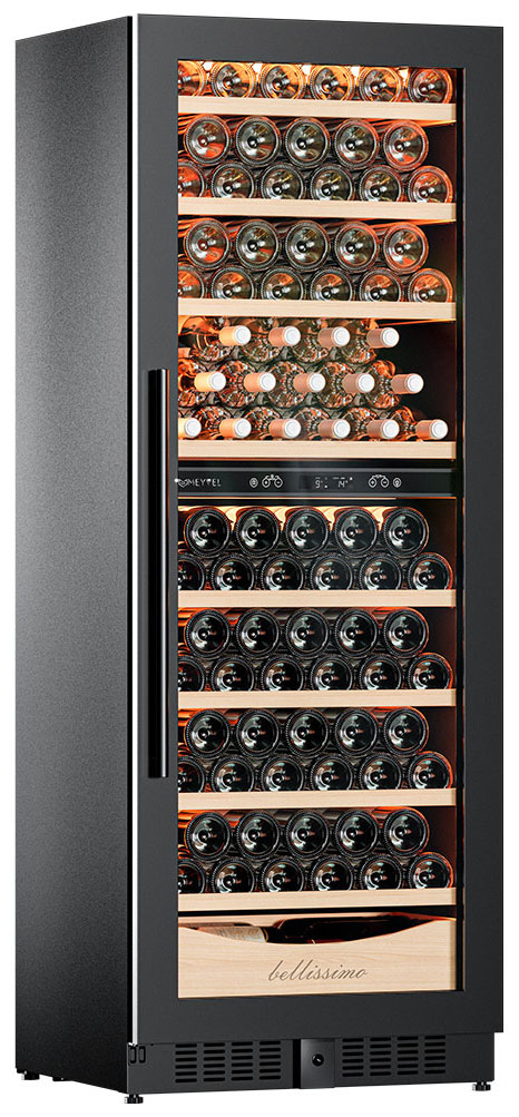 Изображение товара Винный шкаф Meyvel MV95-KBT2 Slim с двумя зонами и стильным освещением