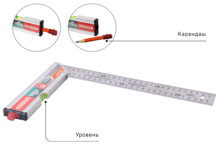 Изображение товара Угольник Sturm! 2020-06-300, со встроенными уровнем и карандашом, 300 мм
