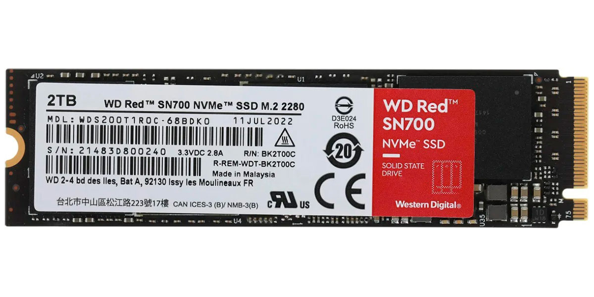 Изображение товара SSD накопитель Western Digital M.2 Red SN700 2000 Гб PCIe 3D TLC (WDS200T1R0C)