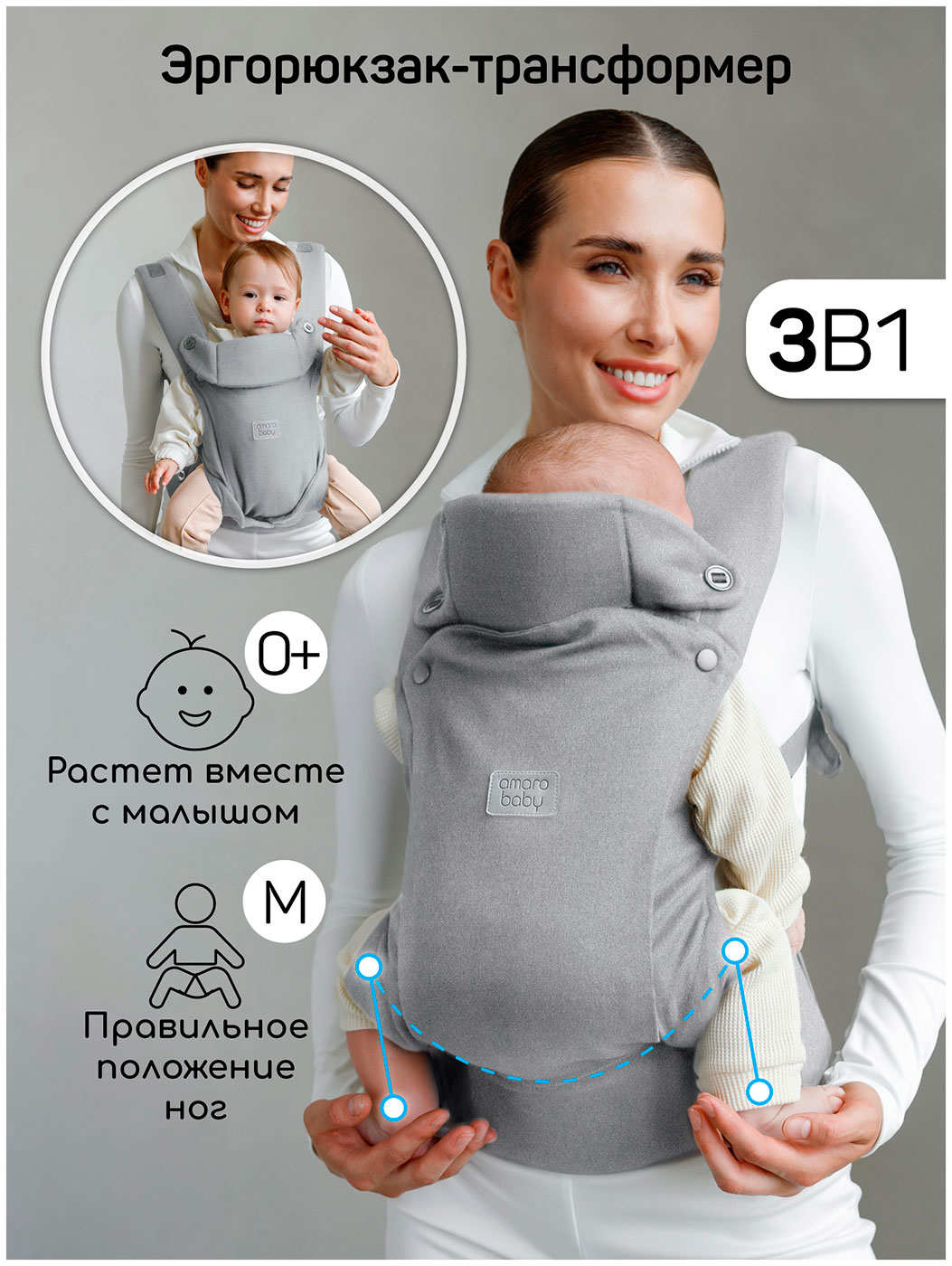 Изображение товара Эргорюкзак 3в1 Amarobaby Near, серый