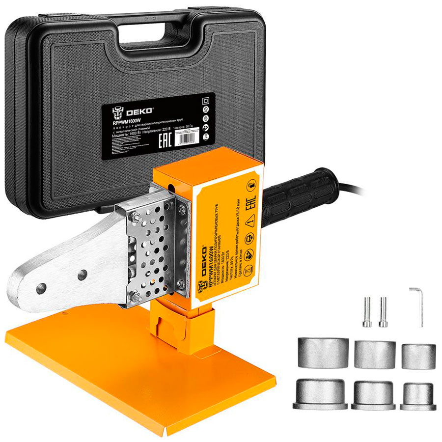 Изображение товара Аппарат для сварки полипропиленовых труб Deko с металлической станиной, RPPWM1600W, в пластиковом кейсе, 3 насадки (20-32мм) черно-желтый