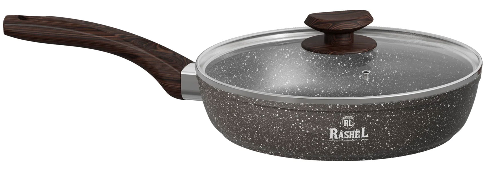 Изображение товара Сковорода Rashel R-10622к, литая, 22 см, стеклянная крышка, коричневый гранит
