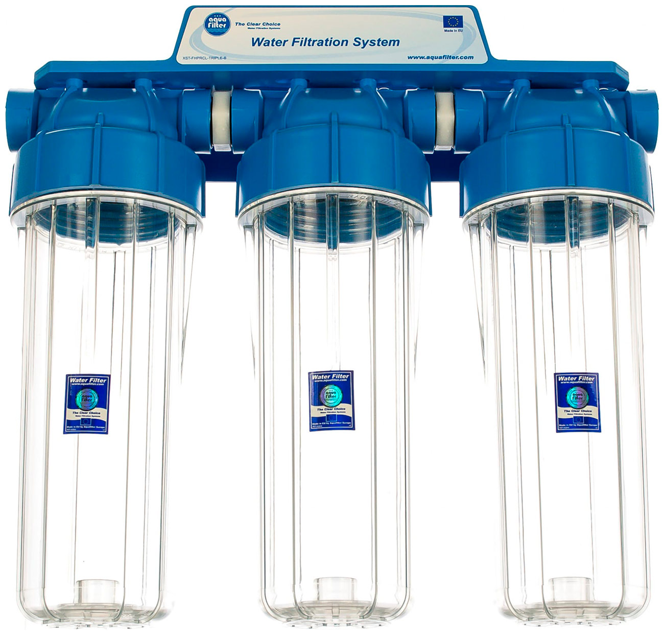 Сборка из трех прозрачных корпусов для холодной воды Aquafilter 10SL, 1/2'', FHPRCL12-B-TRIPLE, 466 магистральный корпус для холодной воды aquafilter 20bb синий 1 fh20b1 b wb 564