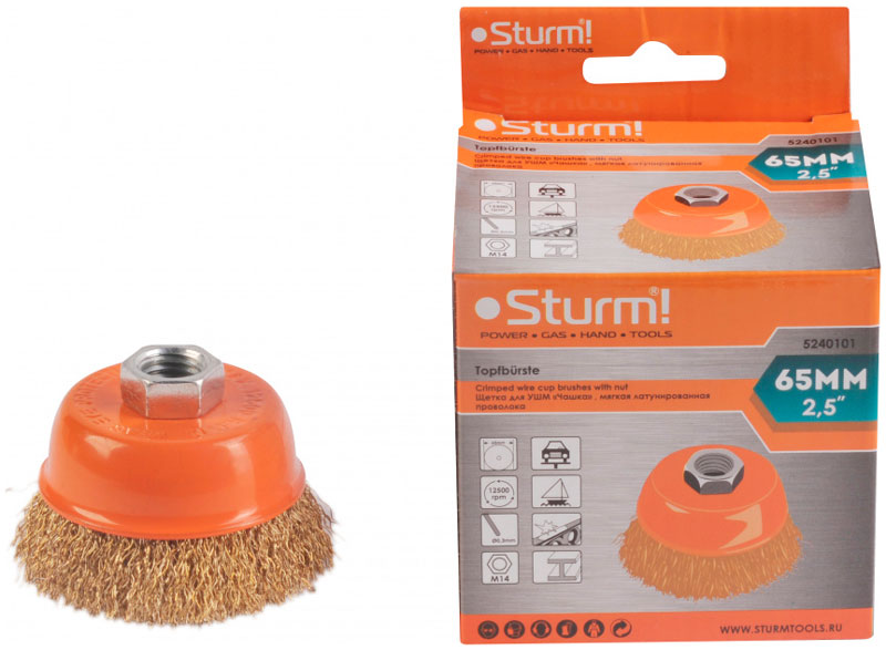 Изображение товара Корщетка-насадка для УШМ Sturm! 5240101 тип "чашка" М14, D65мм, латунир. волнистая пров.
