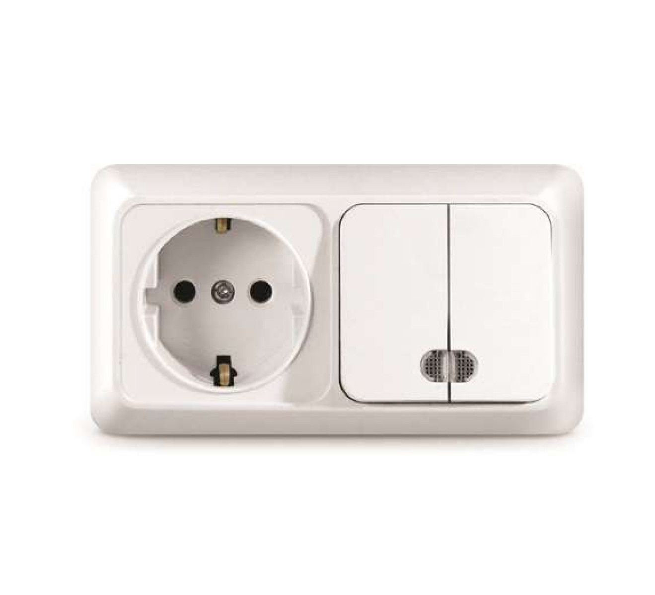 Изображение товара Электрический блок с выключателем и розеткой Универсал О0037, горизонтальный монтаж, белый