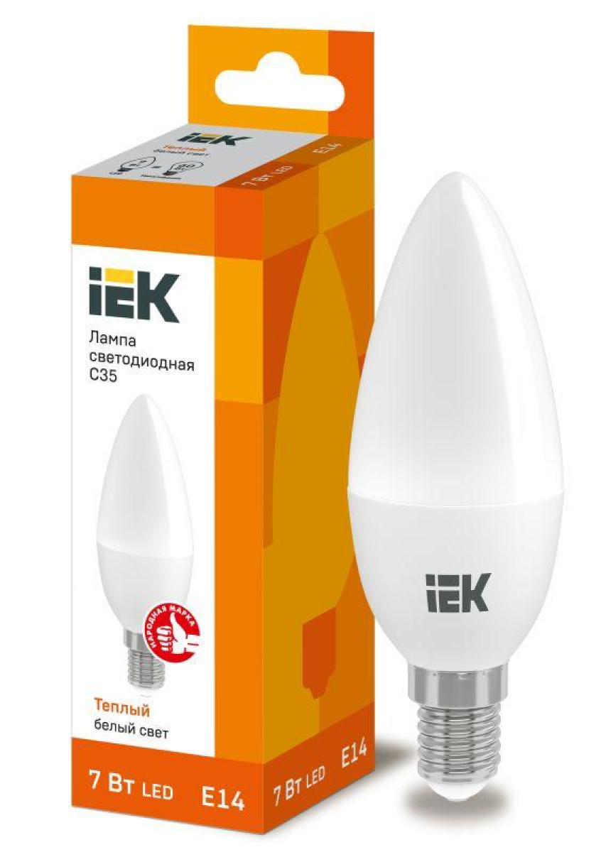 Изображение товара Лампа светодиодная IEK ECO, C35, 7 Вт, свеча, 3000К, E14, 230 В