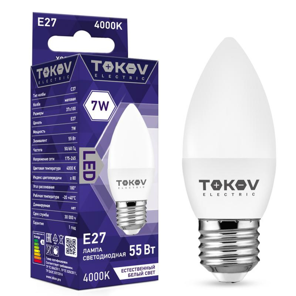 Изображение товара Светодиодная лампа Tokov Electric 7 Вт E27 4000K 80-89 IP20 белый