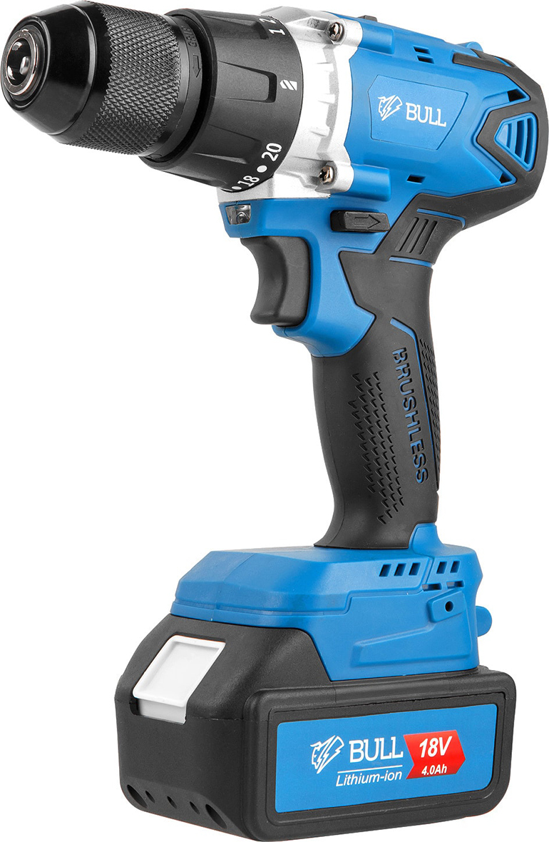 Изображение товара Дрель-шуруповерт Bull SR 1802 в чем., 18.0 В, 2 акк. 4.0 А/ч Li-Ion, 2 скор., 80 Нм, шурупы до 10 мм (04040329)