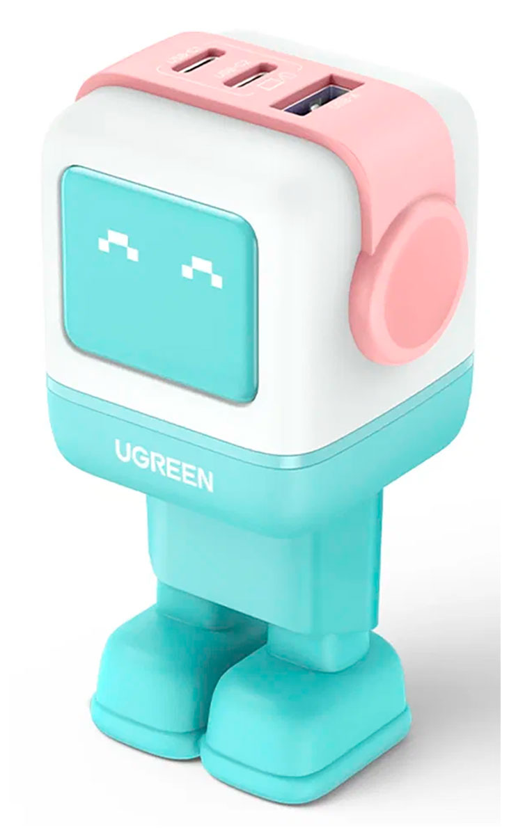 

Сетевое зарядное устройство Ugreen CD361 Nexode RG 65W, USB-A+2хUSB-C Robot GaN, розово-голубой (35855)