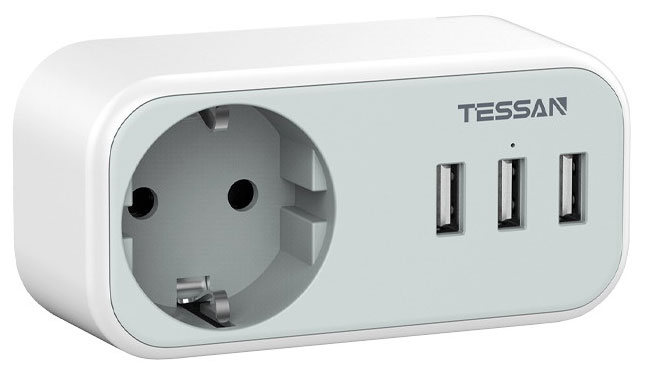 Розетка-адаптер Tessan TS-329 Grey сетевой фильтр tessan ts 304 grey 8 евророзеток 220в и 3 usb и кн питания 3600вт до 16а кабель 2м 80001876