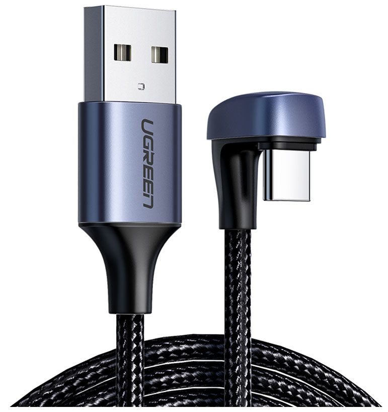Изображение товара Кабель Ugreen USB A 2.0 - угловой USB C, алюминиевый корпус с оплеткой, черный, 1 м (70313)