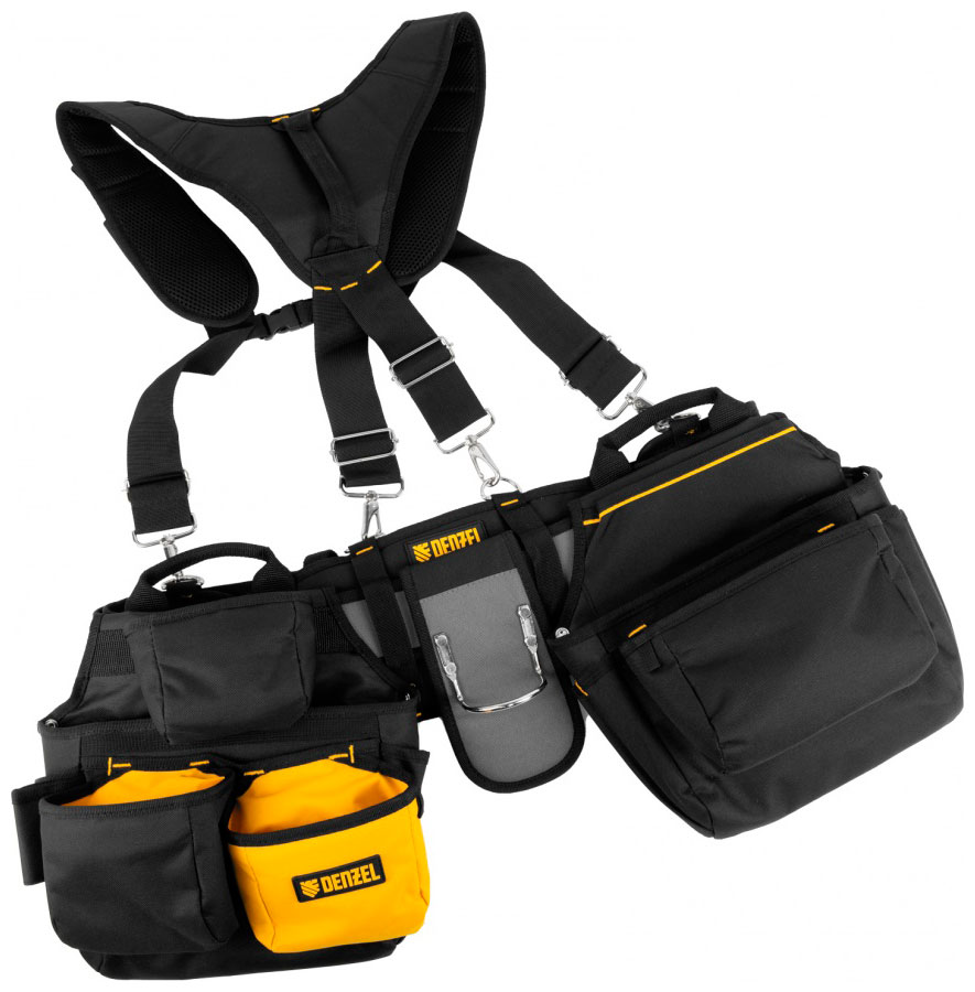 Изображение товара Пояс монтажника усиленный Denzel с лямками, сумки поясные, держатель для молотка
