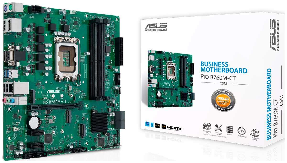 Изображение товара Материнская плата Asus PRO B760M-CT-CSM для бизнеса, LGA1700, DDR5 Изображение товара Материнская плата Asus PRO B760M-CT-CSM для бизнеса, LGA1700, DDR5