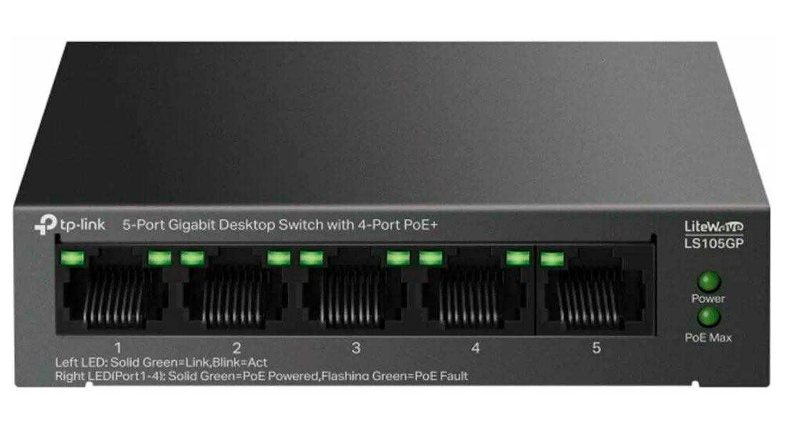 Изображение товара Настольный коммутатор TP-Link с 5 гигабитными портами, 4 порта PoE+ (LS105GP)