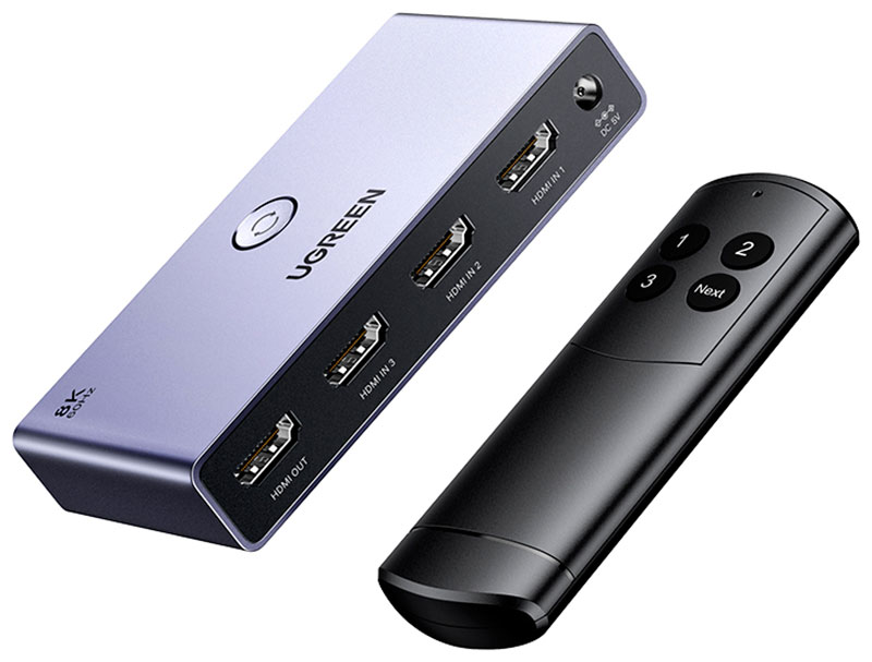 

Переключатель Ugreen CM624 (15604) HDMI 2.1 Switcher 3-в-1 с кабелем USB-A - DC 1,5 м., серый