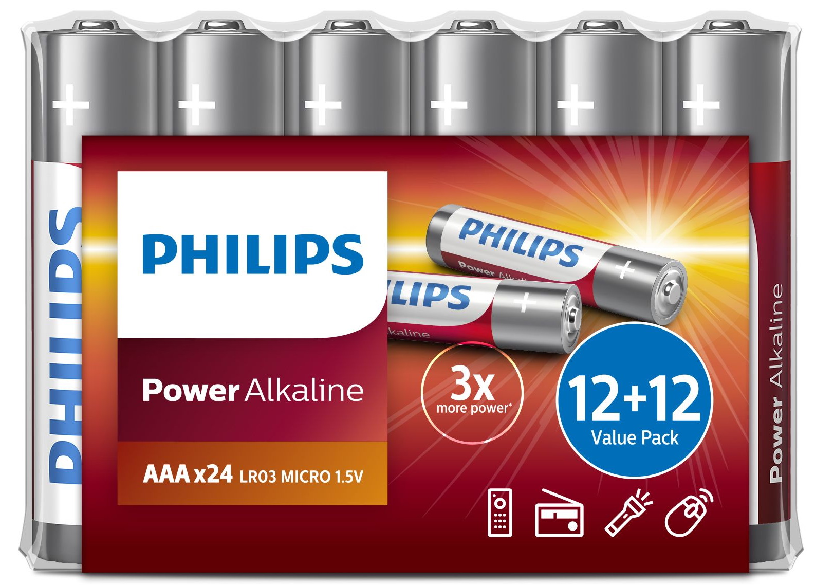 Изображение товара Батарейка Philips Power Alkaline, щелочная, 12+12 ААА, в пленке (LR03P24FV/97)