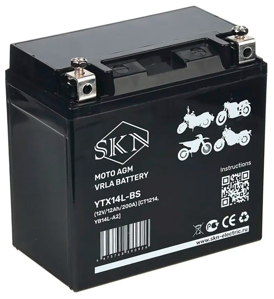 

Аккумулятор стартерный для мототехники SKN YTX14L-BS, 12V/12Ah/200А (CT1214 YB14L-A2), Черный