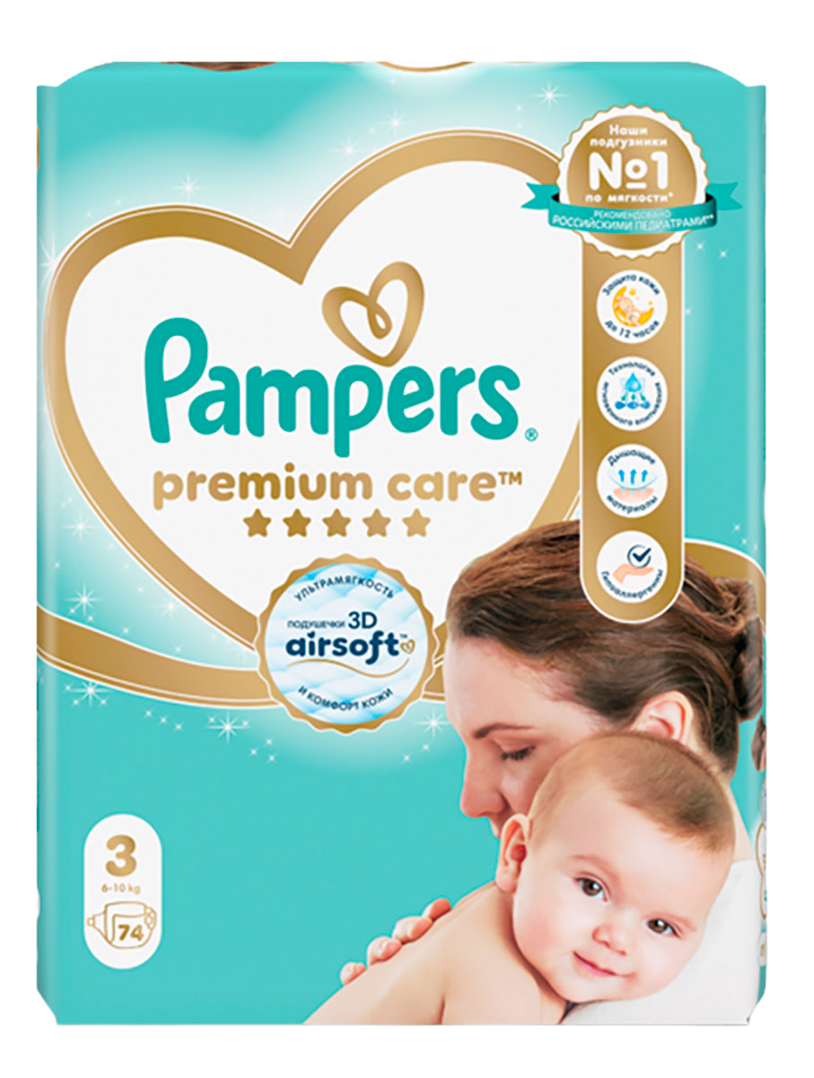 Изображение товара Подгузники Pampers Premium Care Midi (6-10кг) джайнт упаковка 74 шт