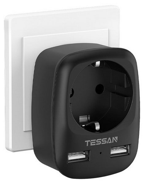 Розетка-адаптер Tessan TS-611-DE Black сетевой фильтр tessan ts 611 de black 1 розетка 220в и 2 usb порта 4000вт до 16а 80001856