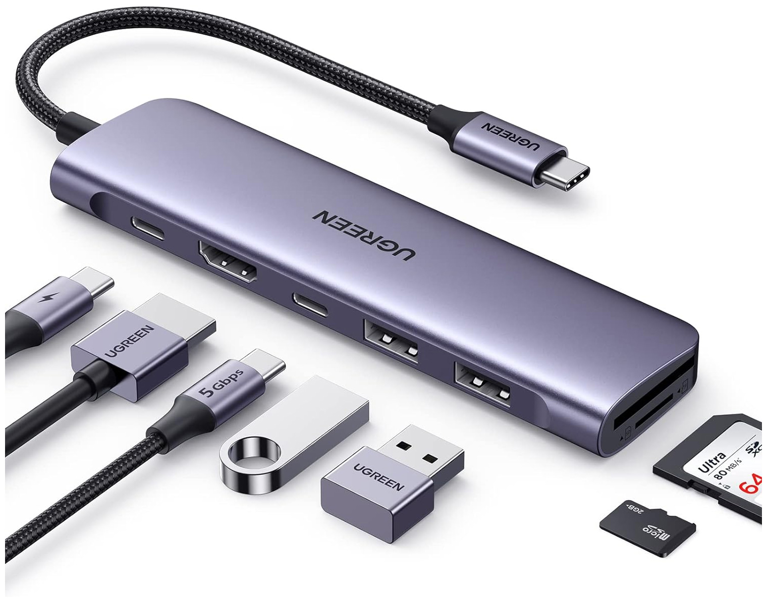 Изображение товара Конвертер Ugreen CM195 USB-C To HDMI+2 USB 3.0+SD TF+PD серый космос