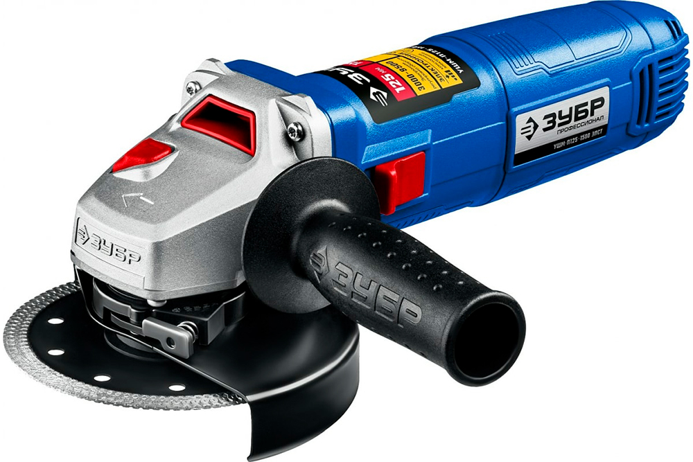 

Угловая шлифовальная машина (болгарка) Зубр 1500 Вт, d125 мм, Профессионал (УШМ-П125-1500 ЭПСТ)