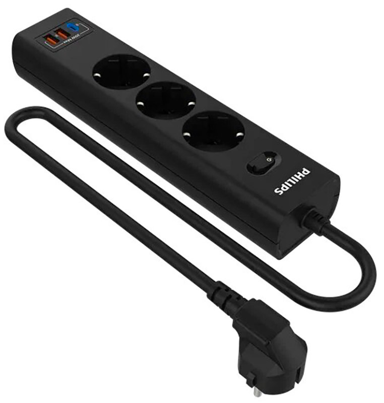 Изображение товара Сетевой фильтр Philips 3 розетки с USB (PD/QC3.0 5/9/12В), 20 Вт, кабель - 3 м, черный