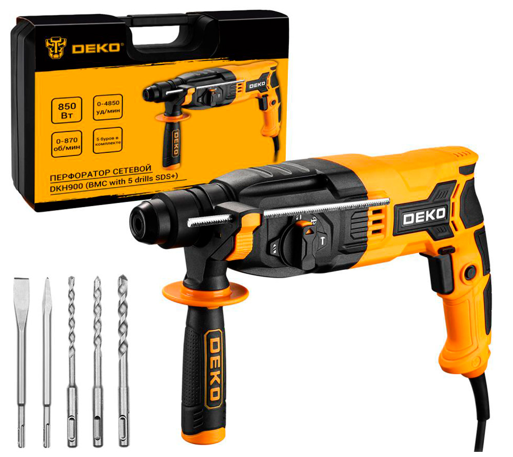 Изображение товара Перфоратор сетевой Deko в кейсе, с набором из 5 буров SDS+, 850 Вт, черно-желтый, (DKH900)