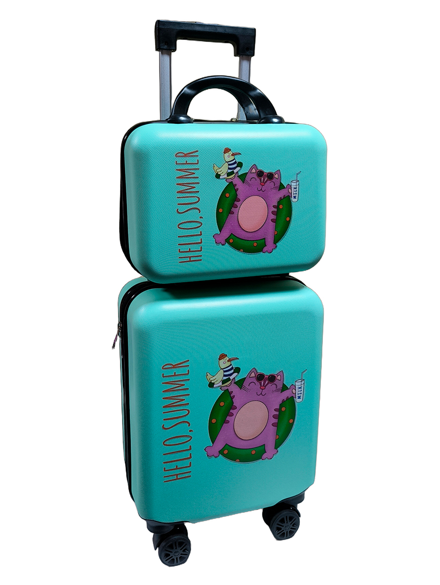 

Дорожный набор S+XS Lats Чемодан 16 дюймов+бьюти кейс, кот в круге, Бирюзовый