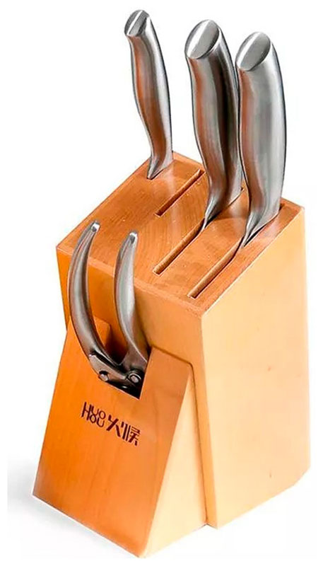 Набор стальных ножей (4 ножа ножницы подставка) Huo Hou 6-Piece Stainless Steel Kitchen Knife Set (HU0014), серебристый набор кухонных ножей xiaomi huo hou fire kitchen 6 шт hu0057